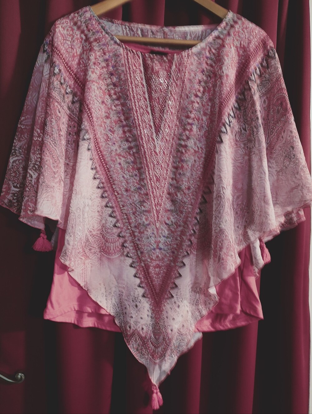Women's Pink Printed Poncho Top with Tassel Detail